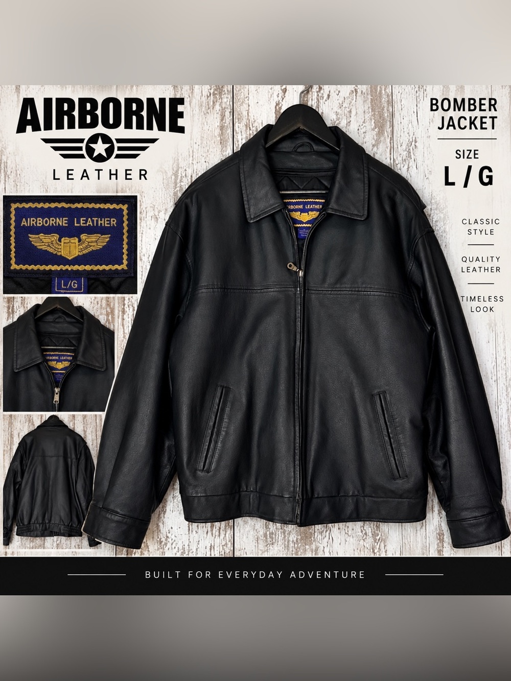 Airborne Leather Black Leather Bomber Jacket Men’s Size L/G Full Zip